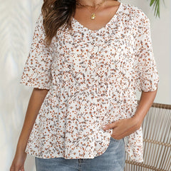  Ditsy Print Short Sleeve V Neck Peplum Blouse
