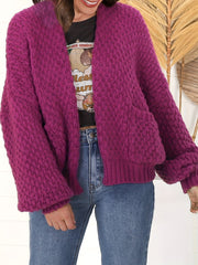  Solid Lantern Sleeve Open Front Chunky Cardigan