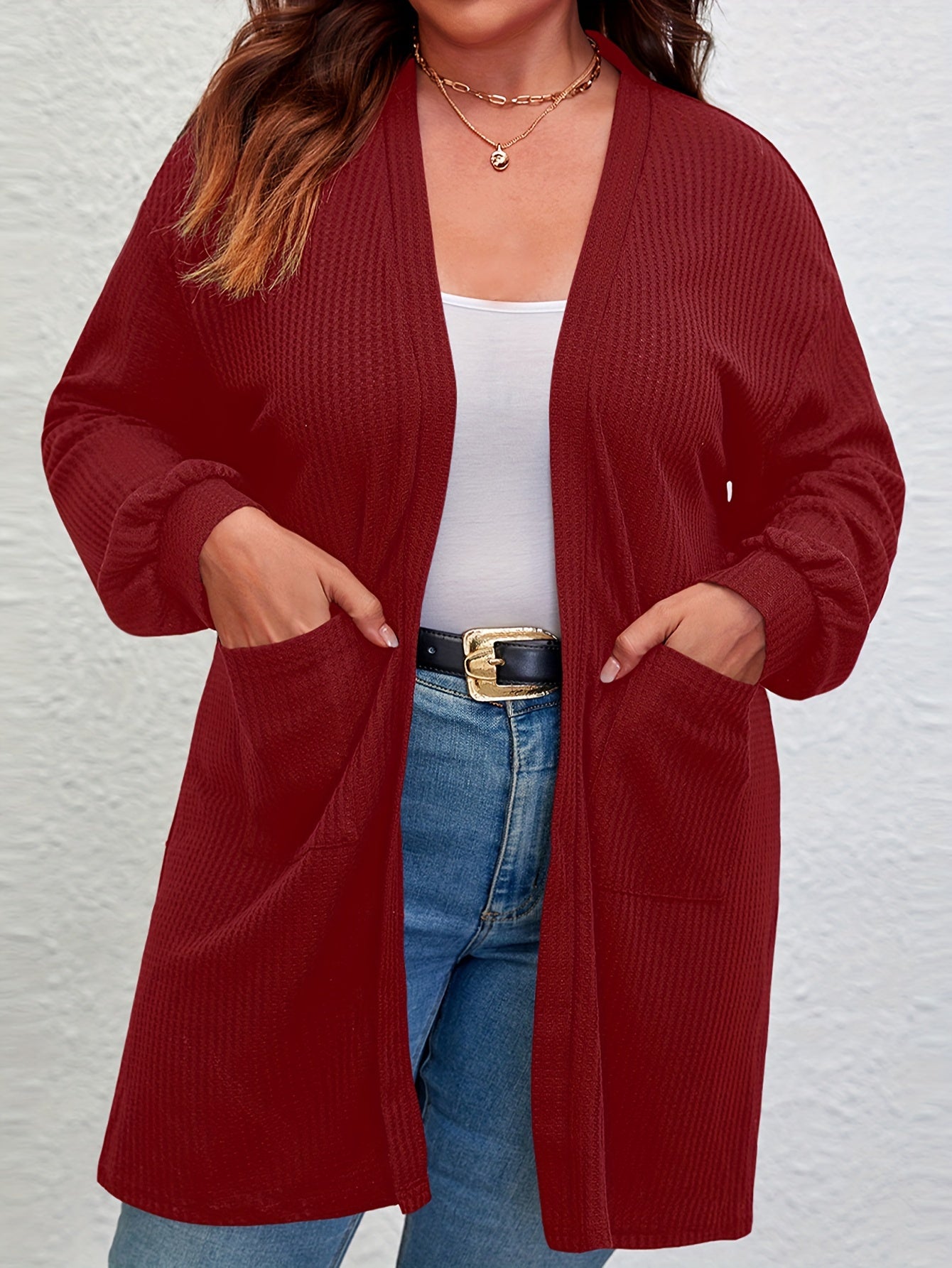  Solid Ribbed Lantern Sleeve Cardigan With Pockets