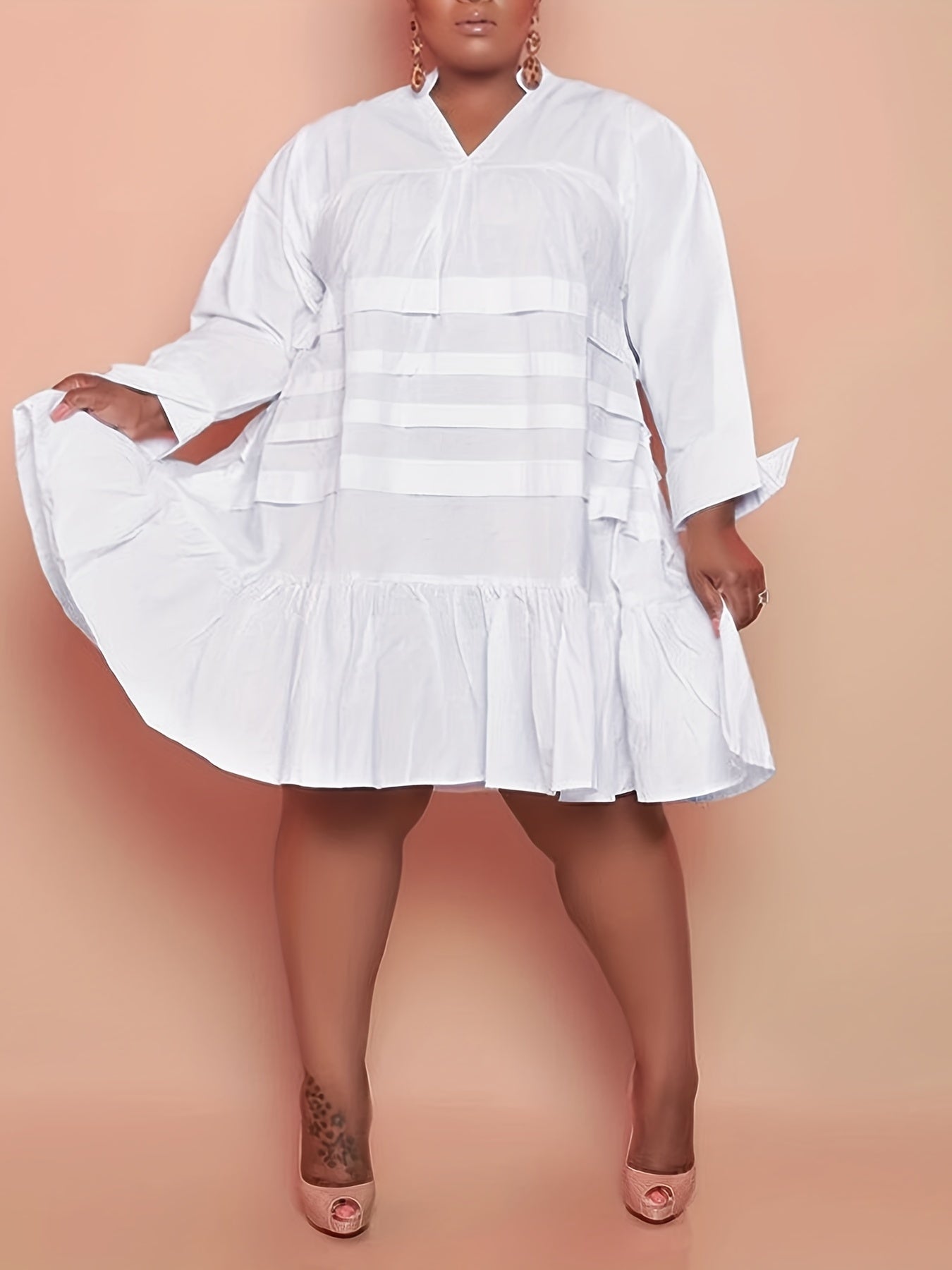 Women's Plus Size V-Neck Long Sleeve Tunic Dress