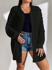  Solid Crinkle Button Up Long Sleeve Blouse