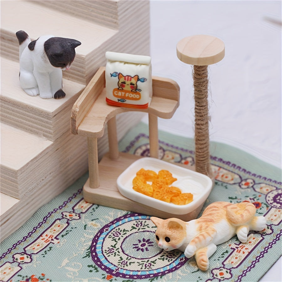 Wooden Cat Climbing Frame Dollhouse Model Ornament Small Fish DIY Accessories