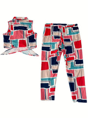  Geometric Print Button Up Tank Top & Leggings Set