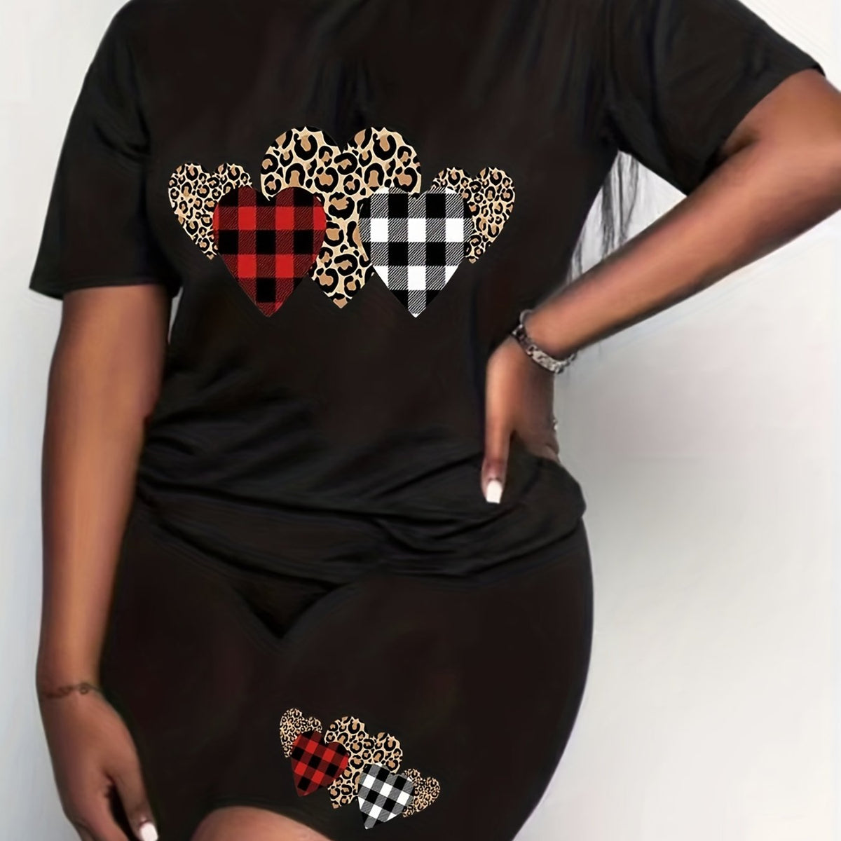  Gingham & Leopard Print Tee & Shorts Set