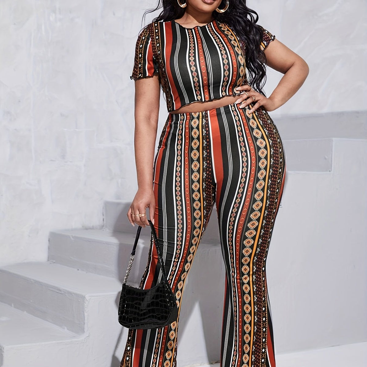  Boho Outfits Set Women's Plus Tribal Print Crop Top & Wide Leg Pants