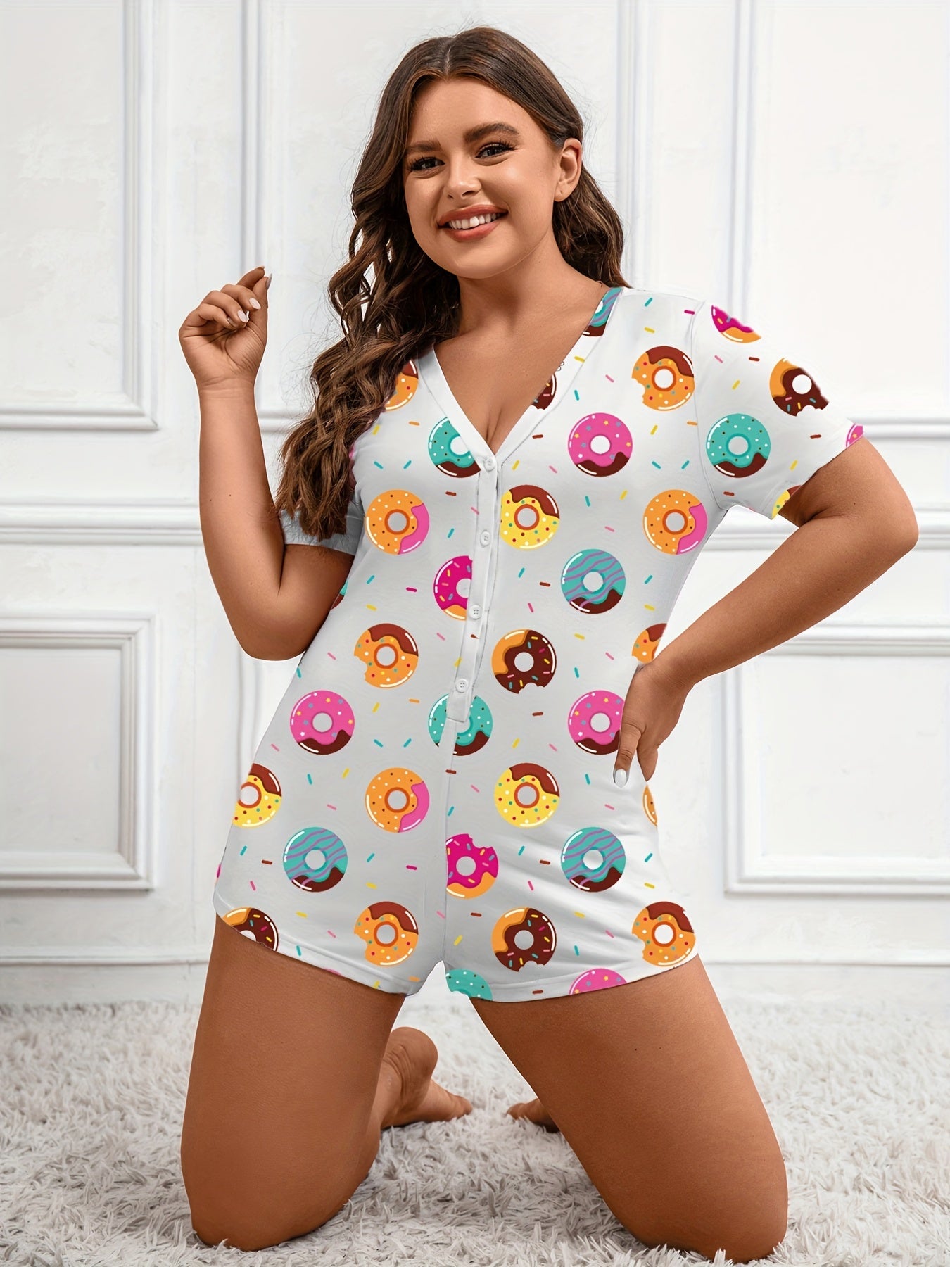 Cartoon Donut Print Pajama Romper