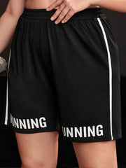  Letter Print High Waist Sports Shorts Women's Plus Medium Stretch Fitn