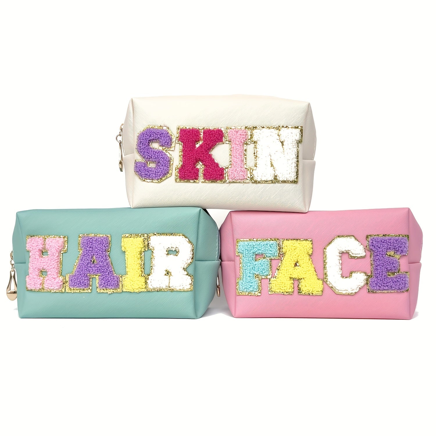 3 Pcs Preppy Patch Makeup Bag Chenille Letter Cosmetic Bag Waterproof Zipper
