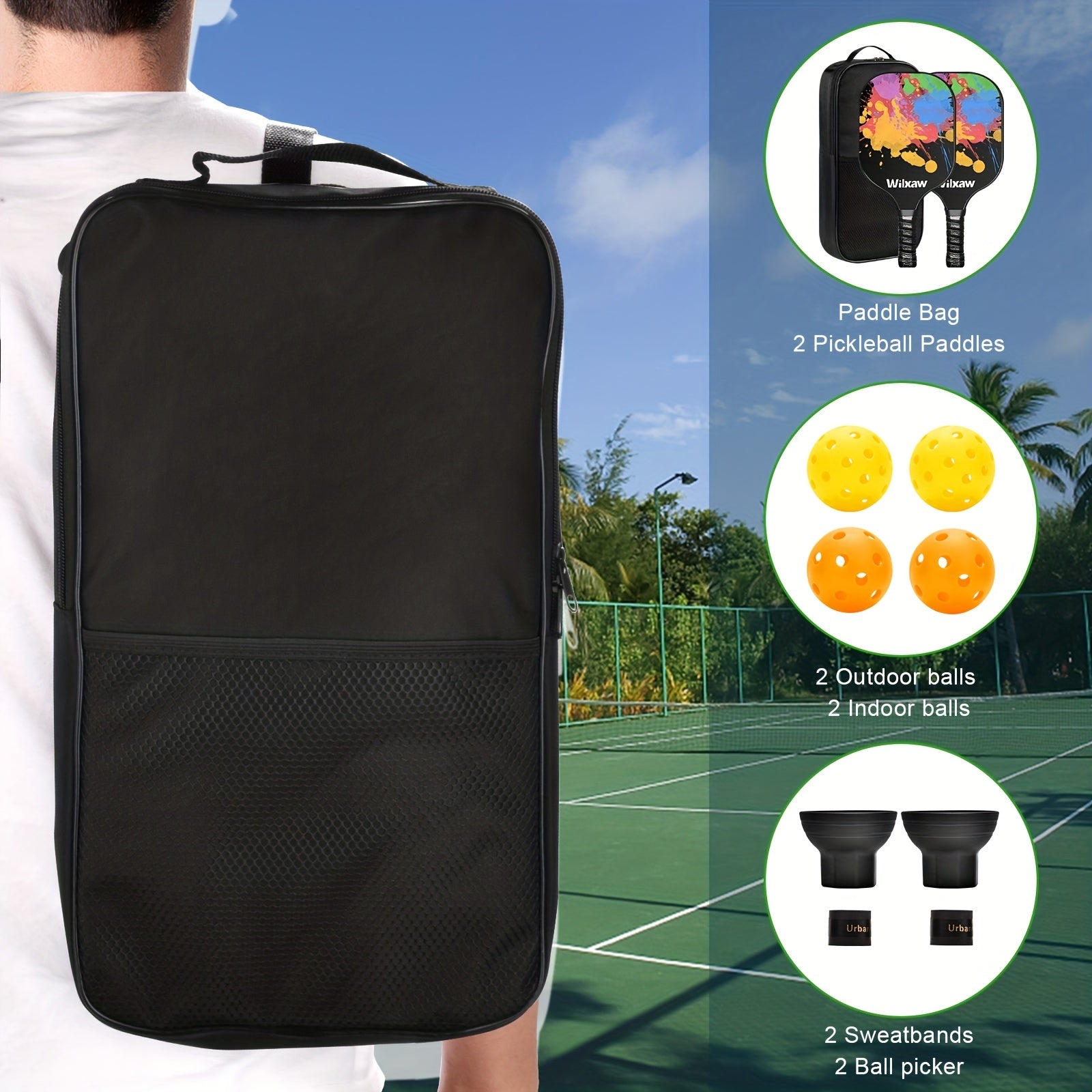 Pickleball Racket Set with 2 Paddles, Balls, Sweatbands - Control & Comfort