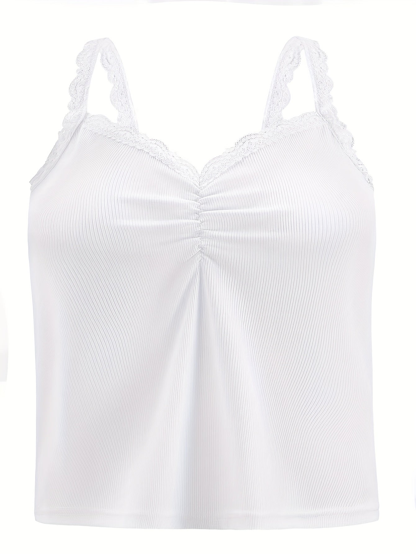  Solid Ribbed Lace Trim V Neck Cami Top