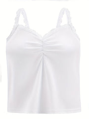  Solid Ribbed Lace Trim V Neck Cami Top