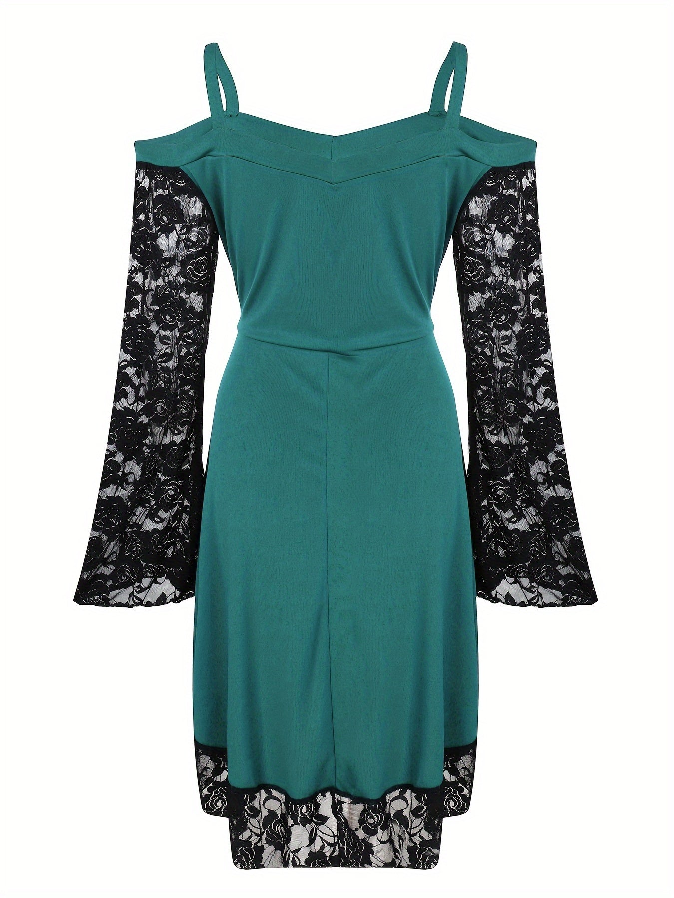  Goth Dress Contrast Lace Bell Sleeve Cold Shoulder Lace Up Dress