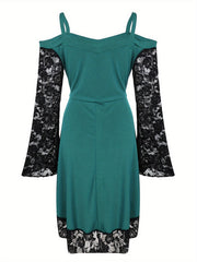  Goth Dress Contrast Lace Bell Sleeve Cold Shoulder Lace Up Dress