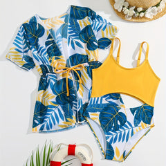 2pc Tropical Leaf Print One Piece Swimsuit & Cover Up Kimono