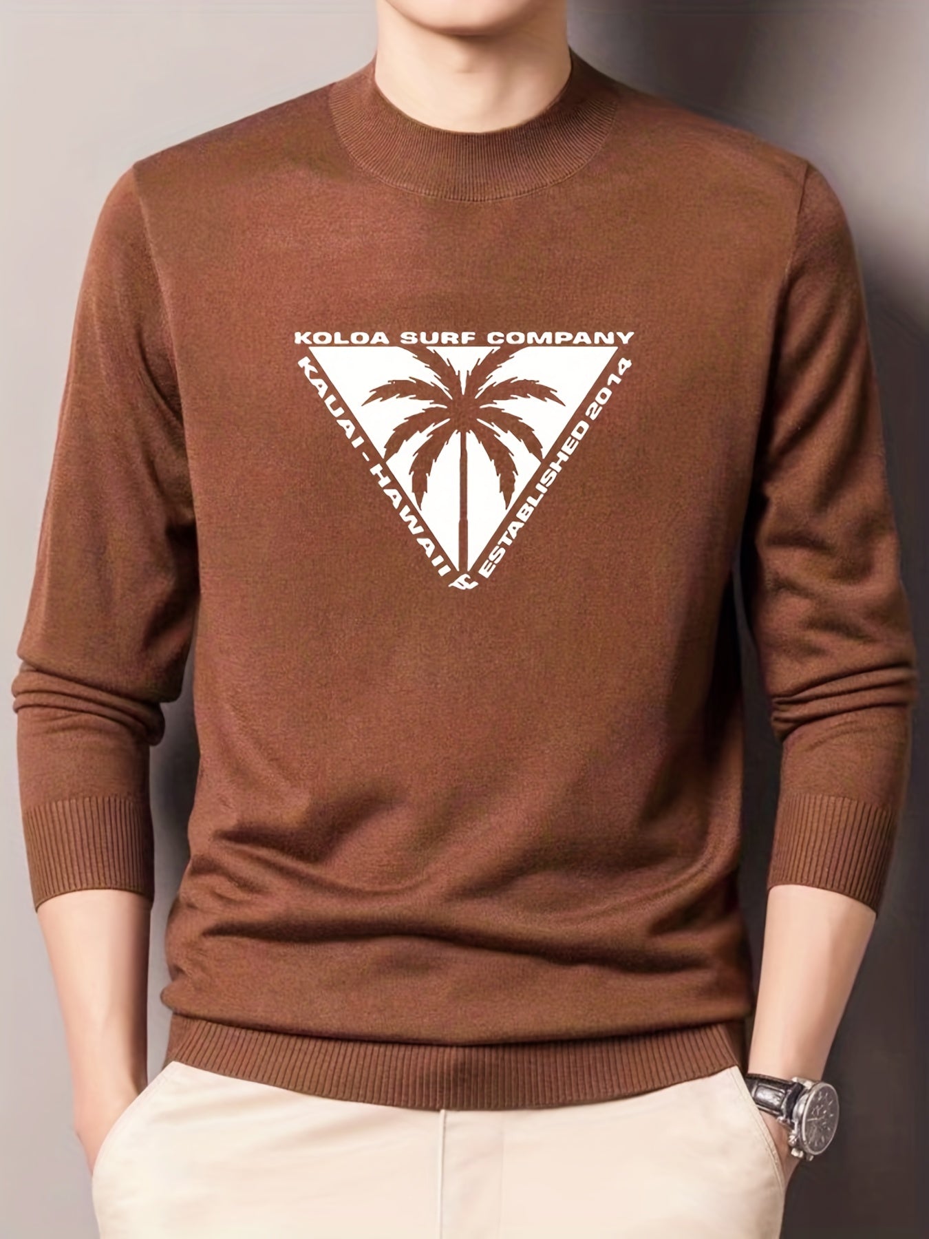 Coconut Palm Print Men's Knitted Sweater Crew Neck Pullover