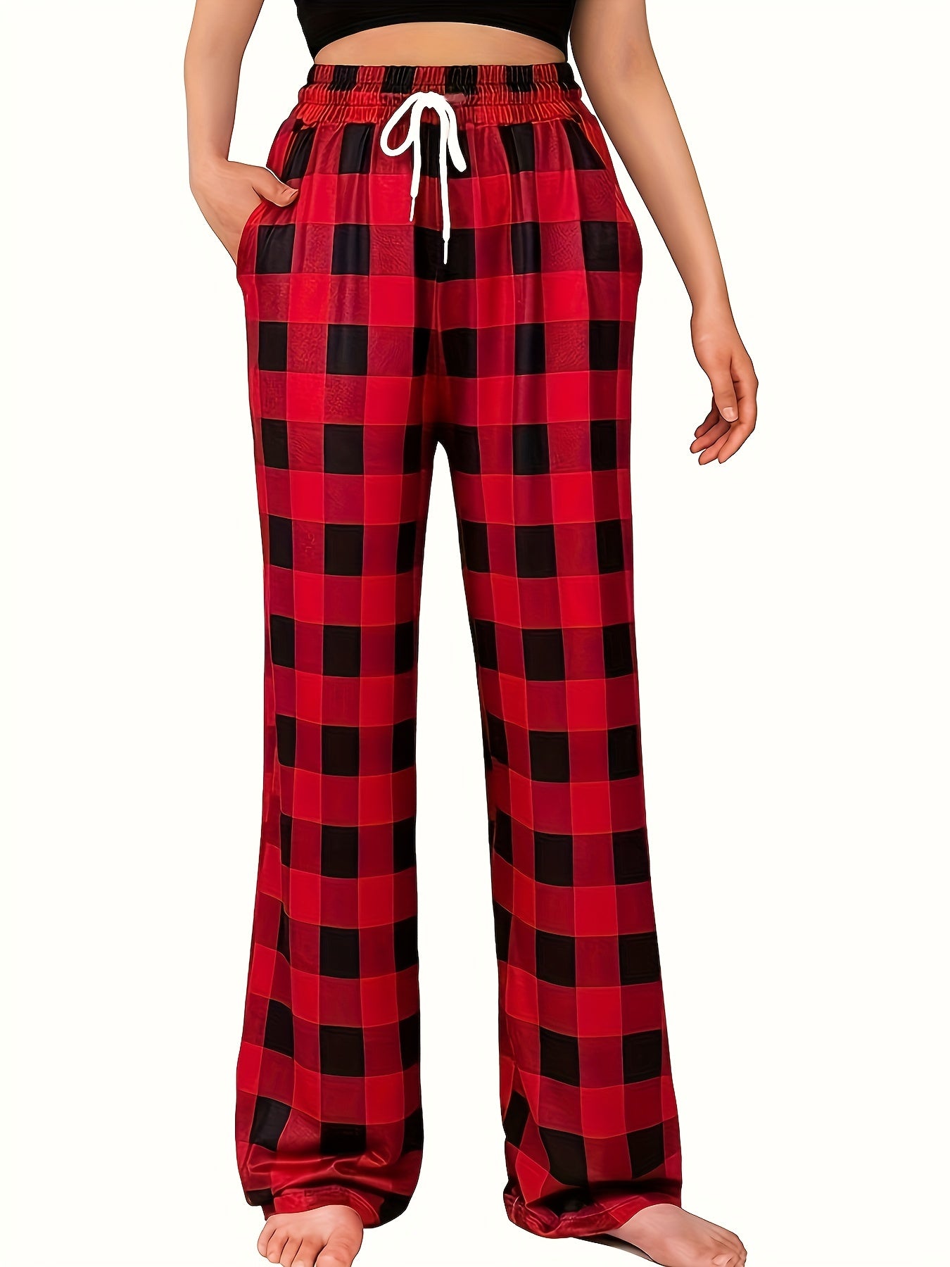  Plaid Print Drawstring High Rise Stretch Trousers With Pockets