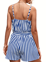Striped Belted Cami Romper Jumpsuit V neck Women's Clothing