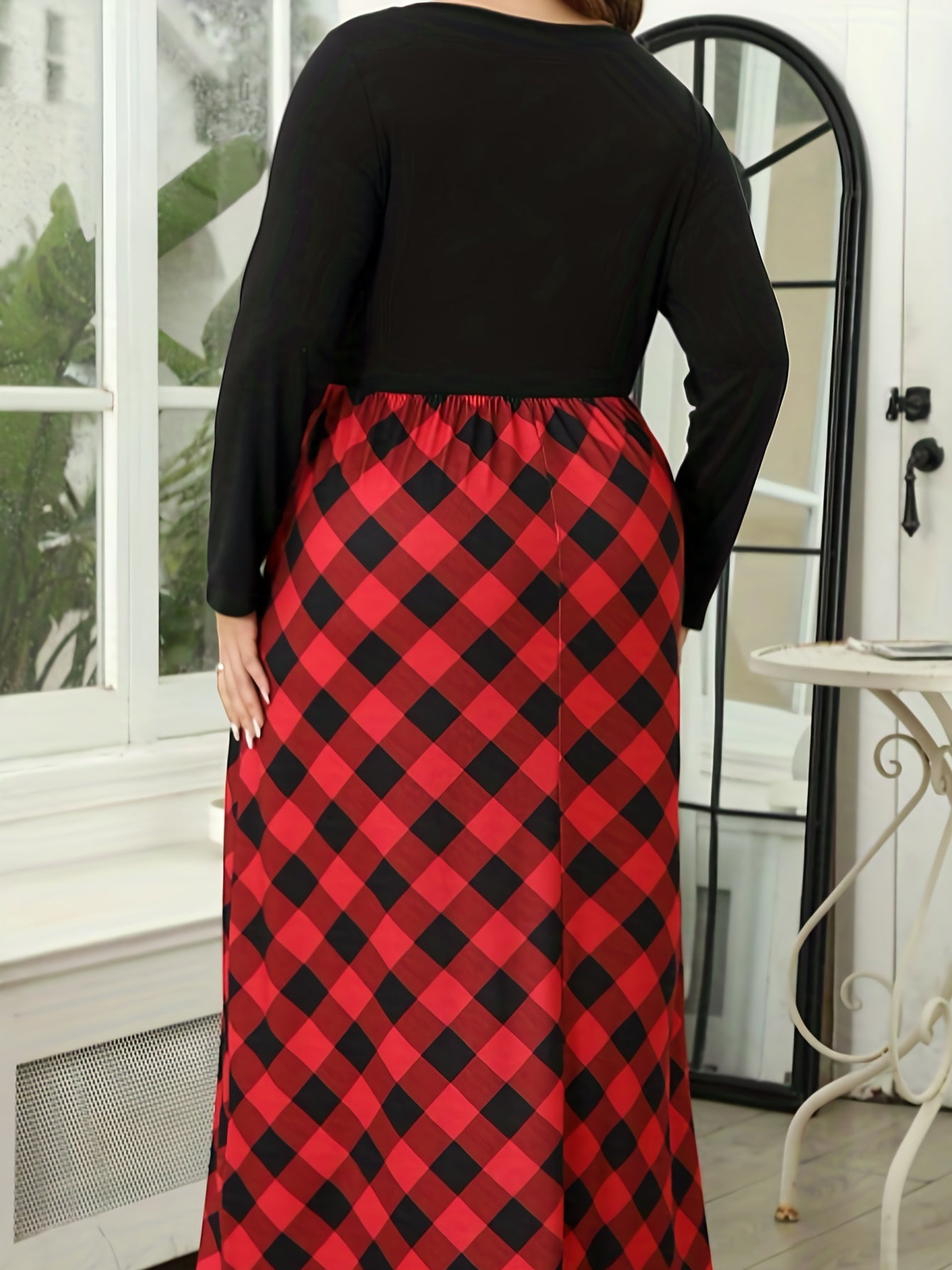  Colorblock Plaid Print Maxi Dress with Pockets
