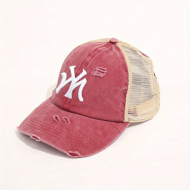 Embroidery Ponytail Trucker Hat Candy Ripped Washed Distressed Baseball Cap