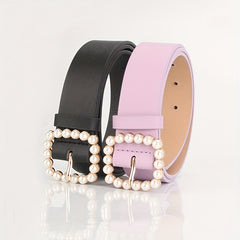 Candy PU Leather Belt with Faux Pearl Decor