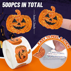 500pcs Holographic Pumpkin Face Stickers Orange Glitter Decals