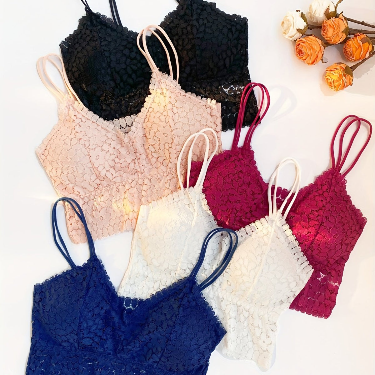 5pcs Floral Lace Bralettes Lightweight Everyday Bra Women's Lingerie