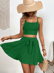 Solid Two Piece Skirt Set Crop Top & Tie Front Skirt Women's Outfit