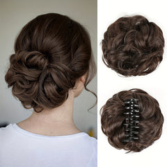 Curly Wavy Hair Bun Extension in Flaxen Brown & Chocolate Chestnu