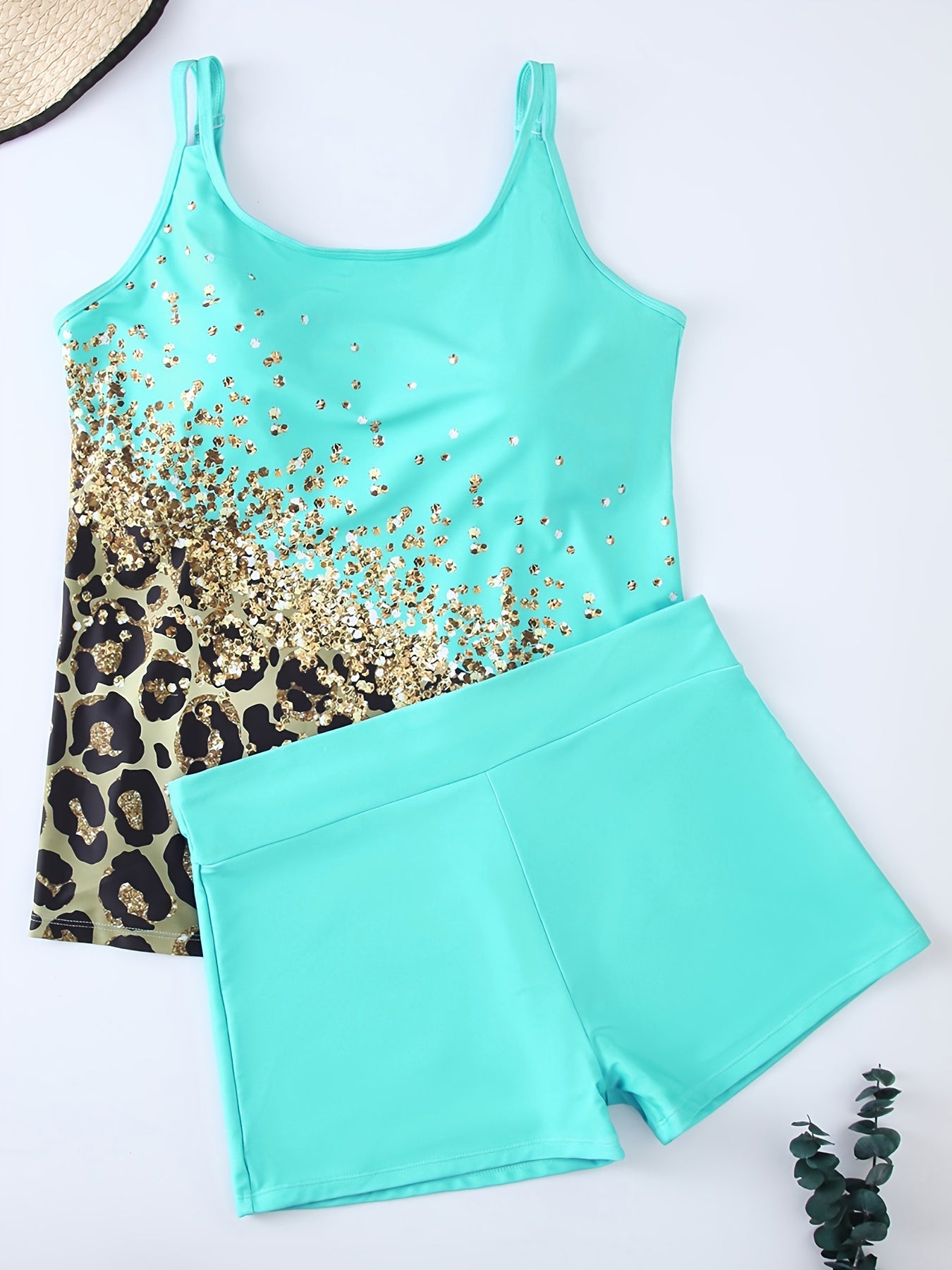  Glitter Leopard Print Tankini Set