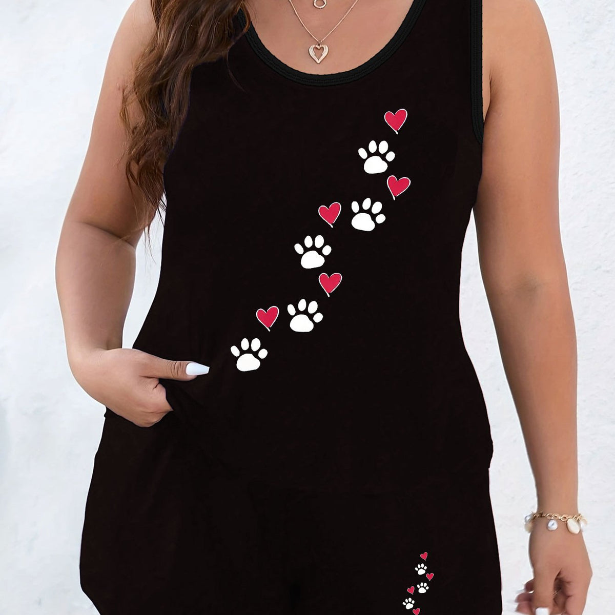  Paw & Heart Print Tank Top & Shorts Pajama Set