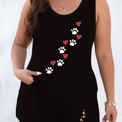  Paw & Heart Print Tank Top & Shorts Pajama Set