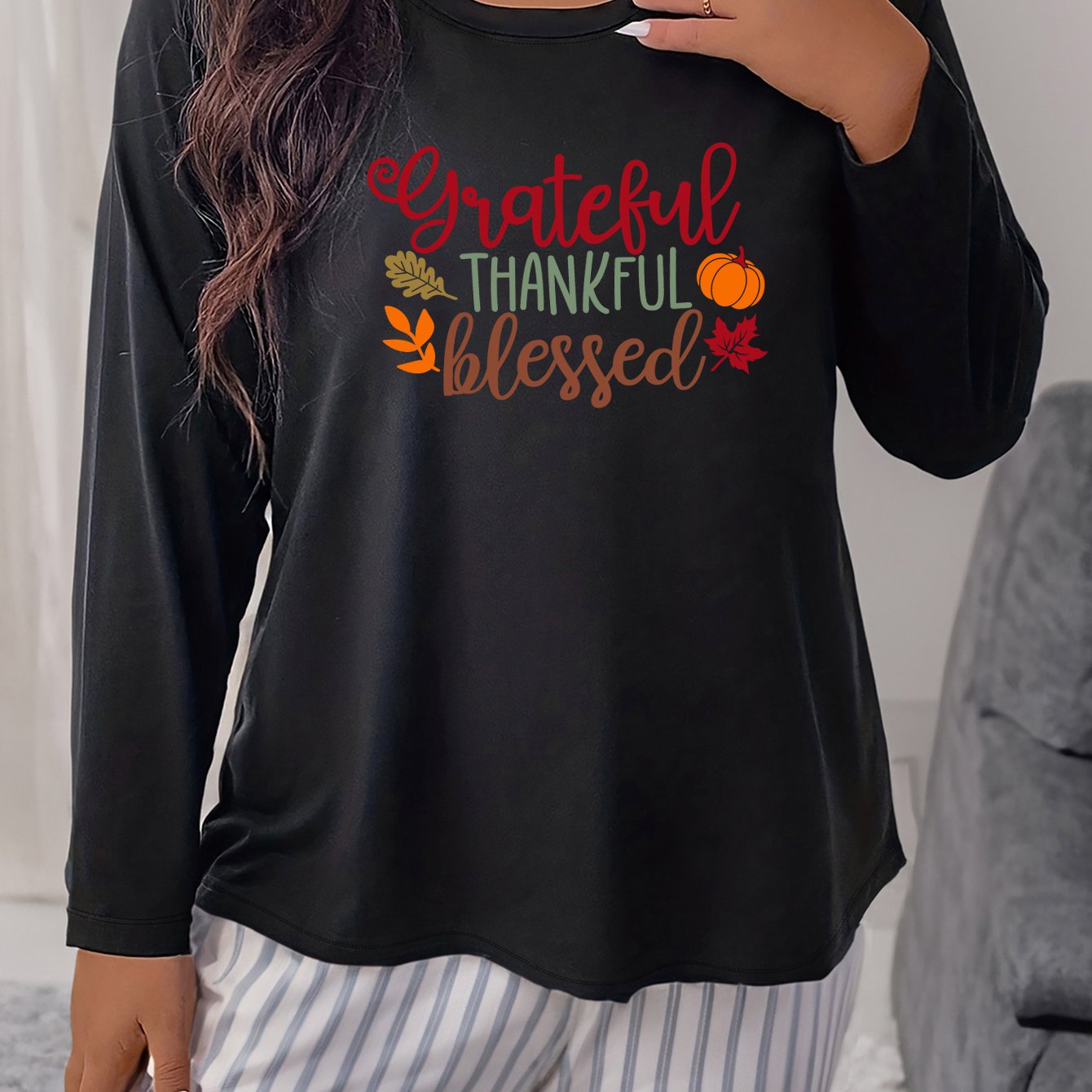  Thanksgiving Graphic Print Top Women's Plus Casual Loungewear Tee