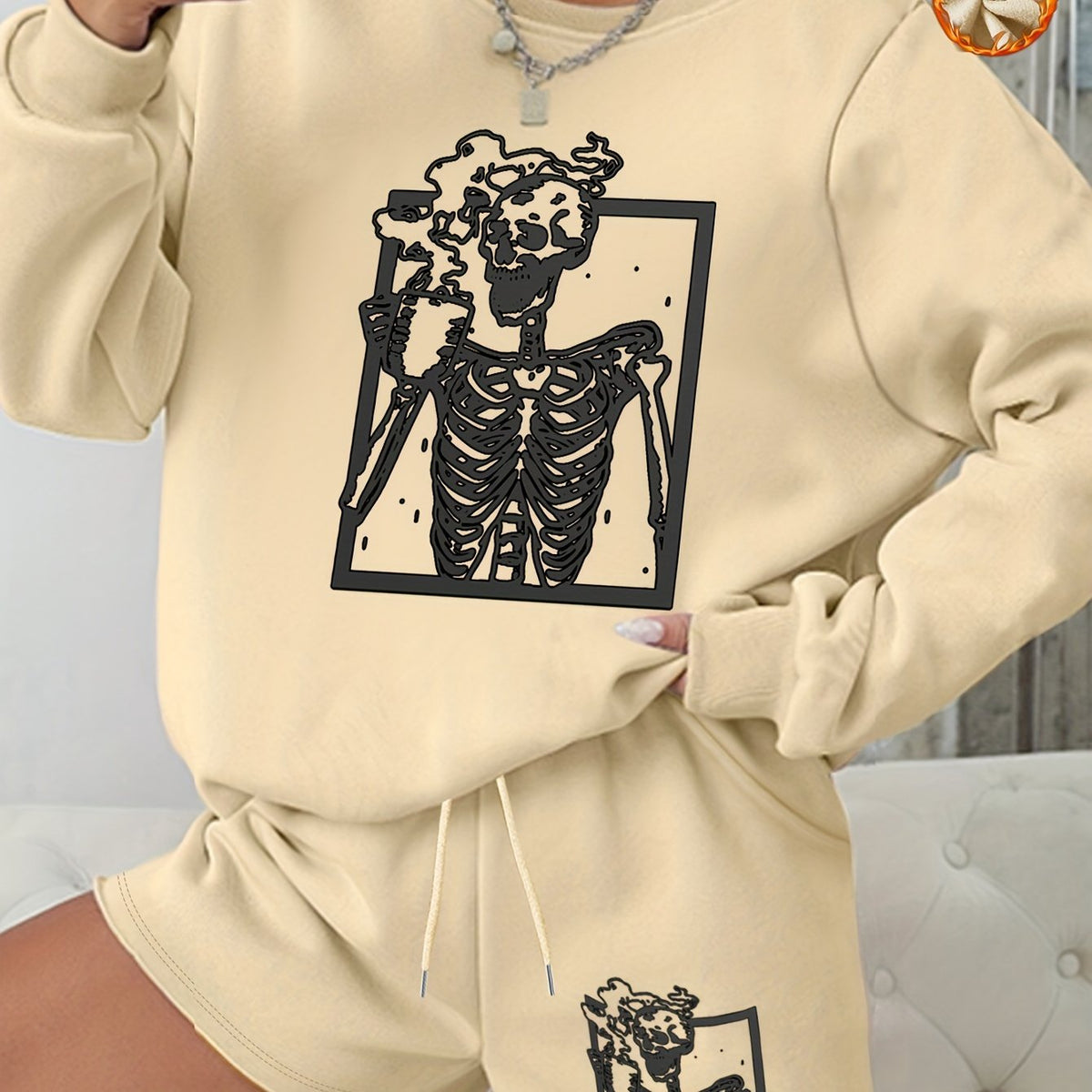  Halloween Casual Outfits Women's Plus Skull Print 2 Piece Set