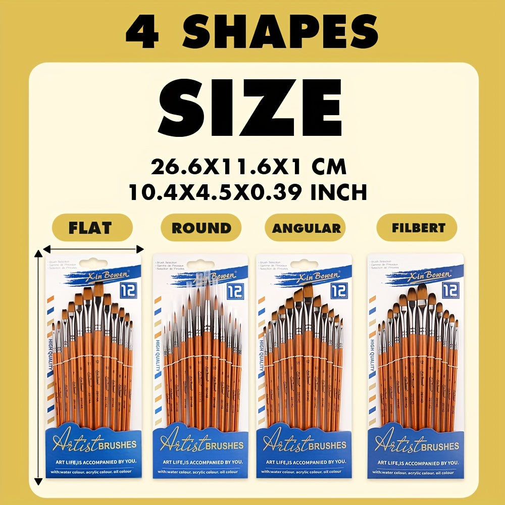 12pcs Synthetic Acrylic Paint Brushes Brass Ferrules Birch Handles