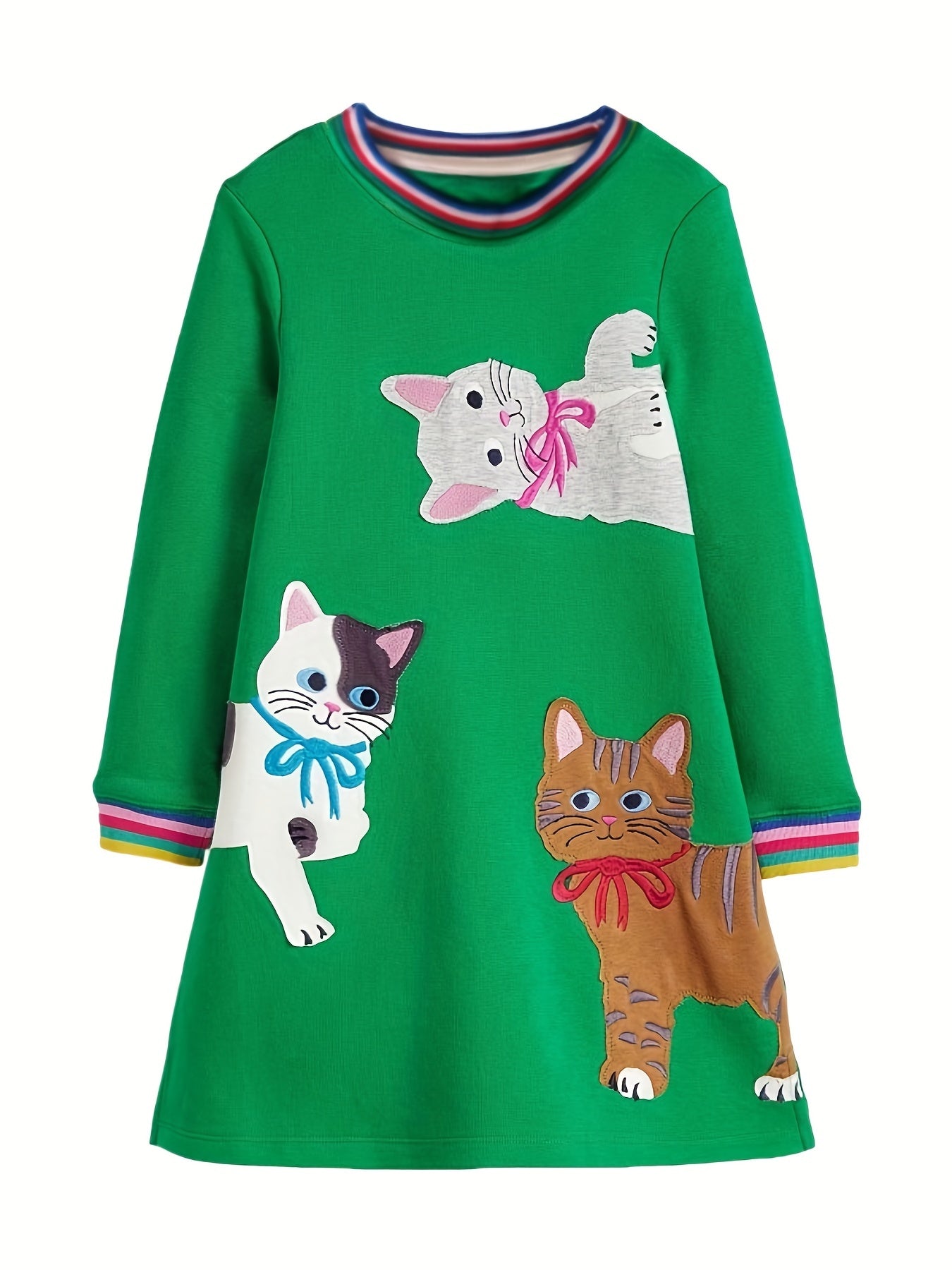 Girls' Thanksgiving Applique Dress, Green Cat Cartoon, 2-8Y