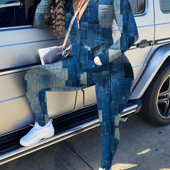  Denim Patchwork Print Jacket & Pants Outfit Set