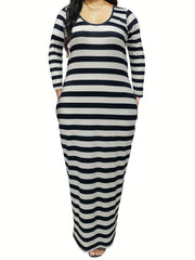  Stripe Print Long Sleeve Scoop Neck Maxi Dress With Pockets