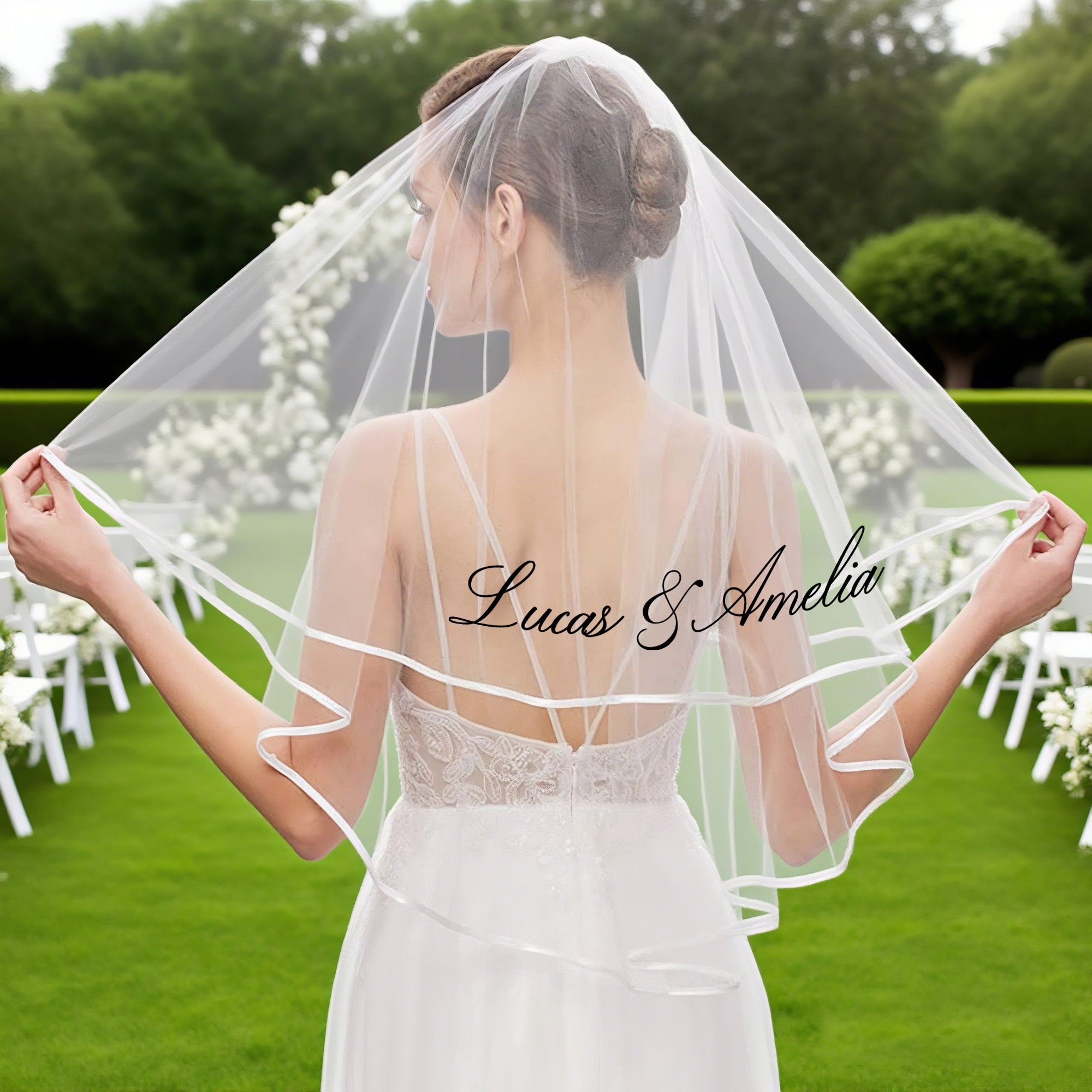 Custom Cursive Name Bridal Veil Sheer Wedding Veil with Train
