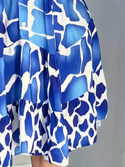  Women's Random Print Button Up Bell Sleeve Mock Neck Mini Dress