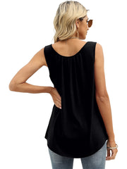 Hollow Crew Neck Tank Top Pleated Sleeveless Summer Casual