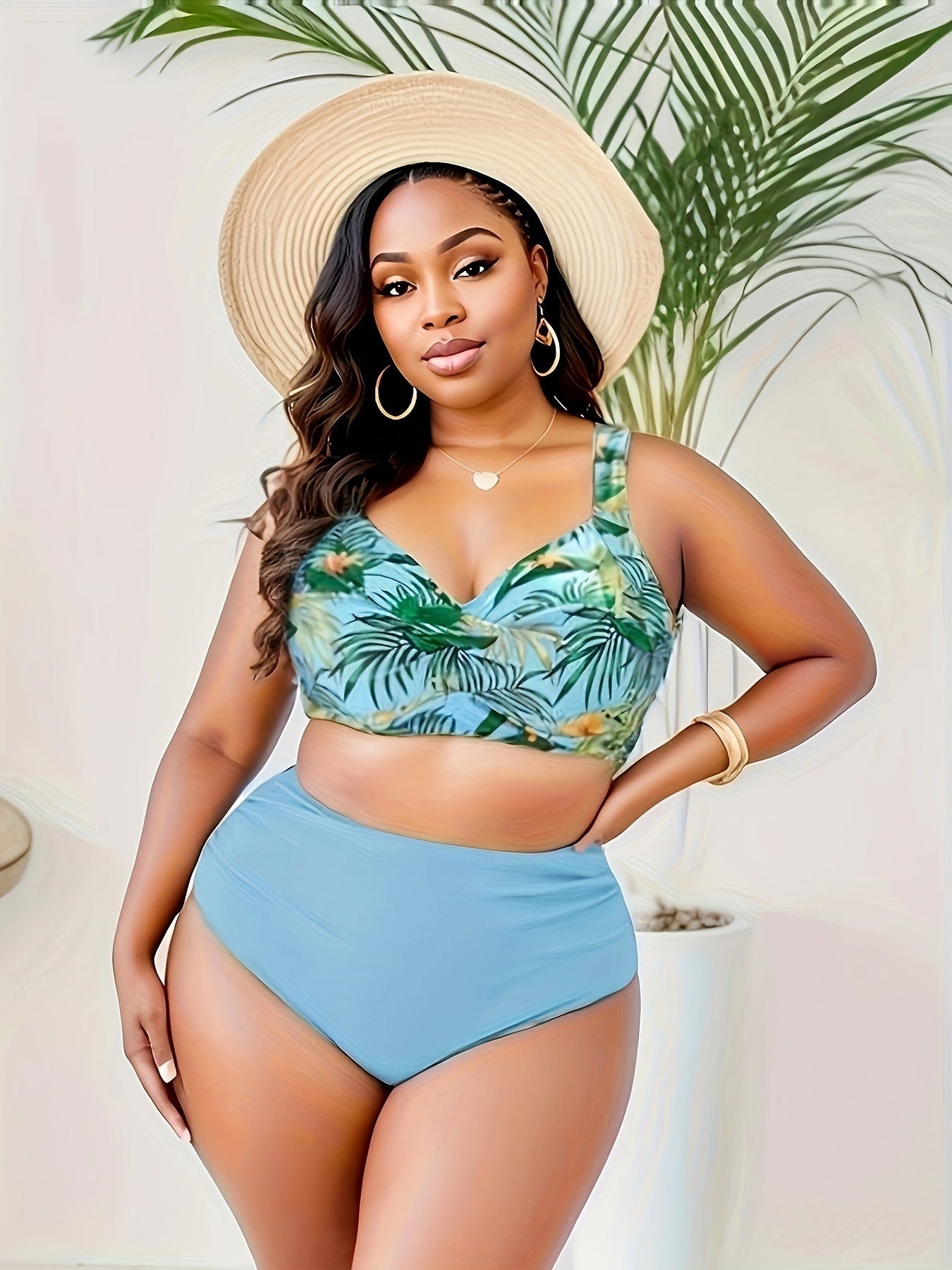  Tropical Print Bikini Set: Cross Front Racer Back Bra & Panty