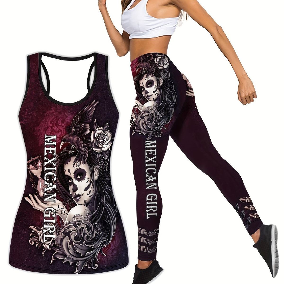  Gothic Cartoon Print Tank Top & Yoga Pants Fitness Outfit Set