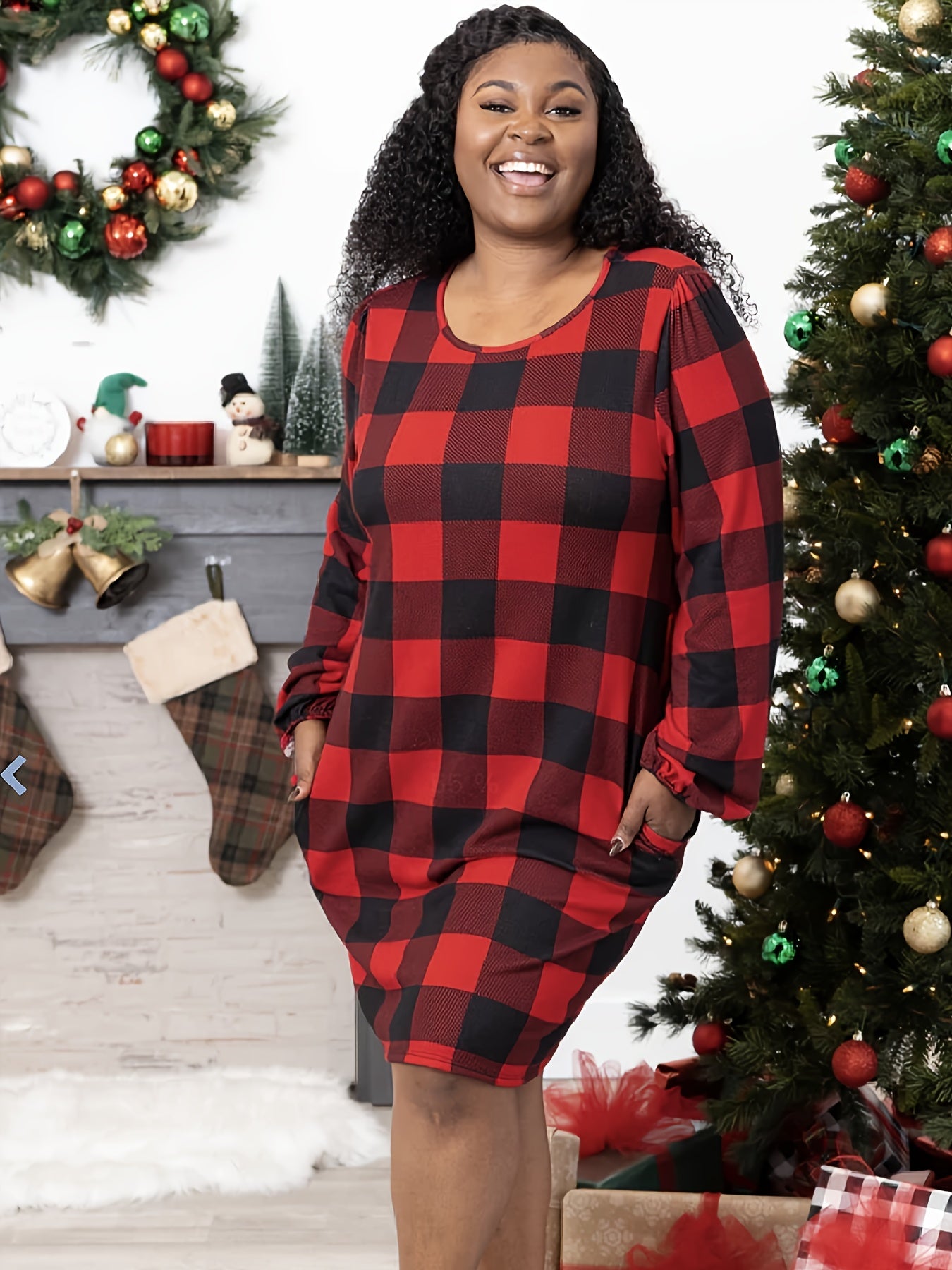 Plus Plaid Print Lantern Sleeve Round Neck Mini Midi Dress