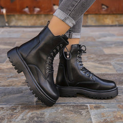 Women's Lace-Up Side Zipper Combat Boots Faux Leather Comfortable Boots