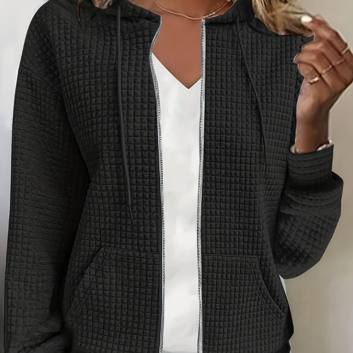  Waffle Pattern Zip Up Hoodie Coat With Pockets