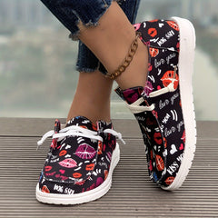 Women's Skate Shoes with Heart & Lips Pattern, Lace-up Canvas