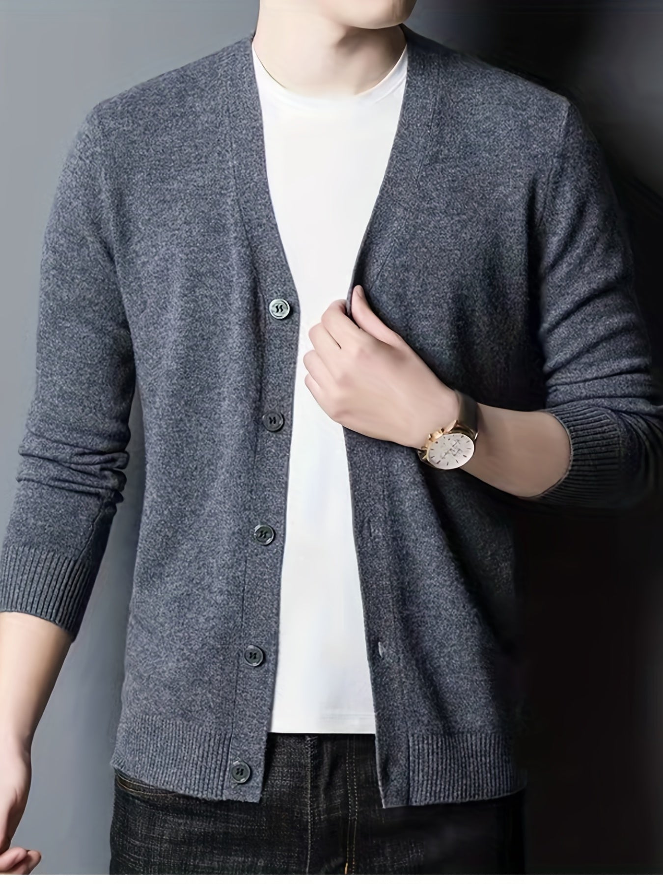 Woolen V-neck Button Up Cardigan for Men