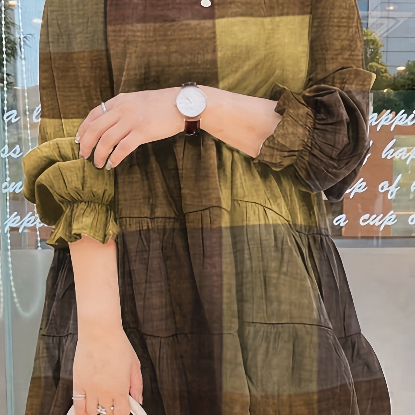  Colorblock Grid Print Lantern Sleeve Smock Dress