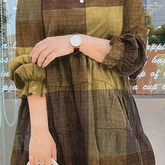  Colorblock Grid Print Lantern Sleeve Smock Dress