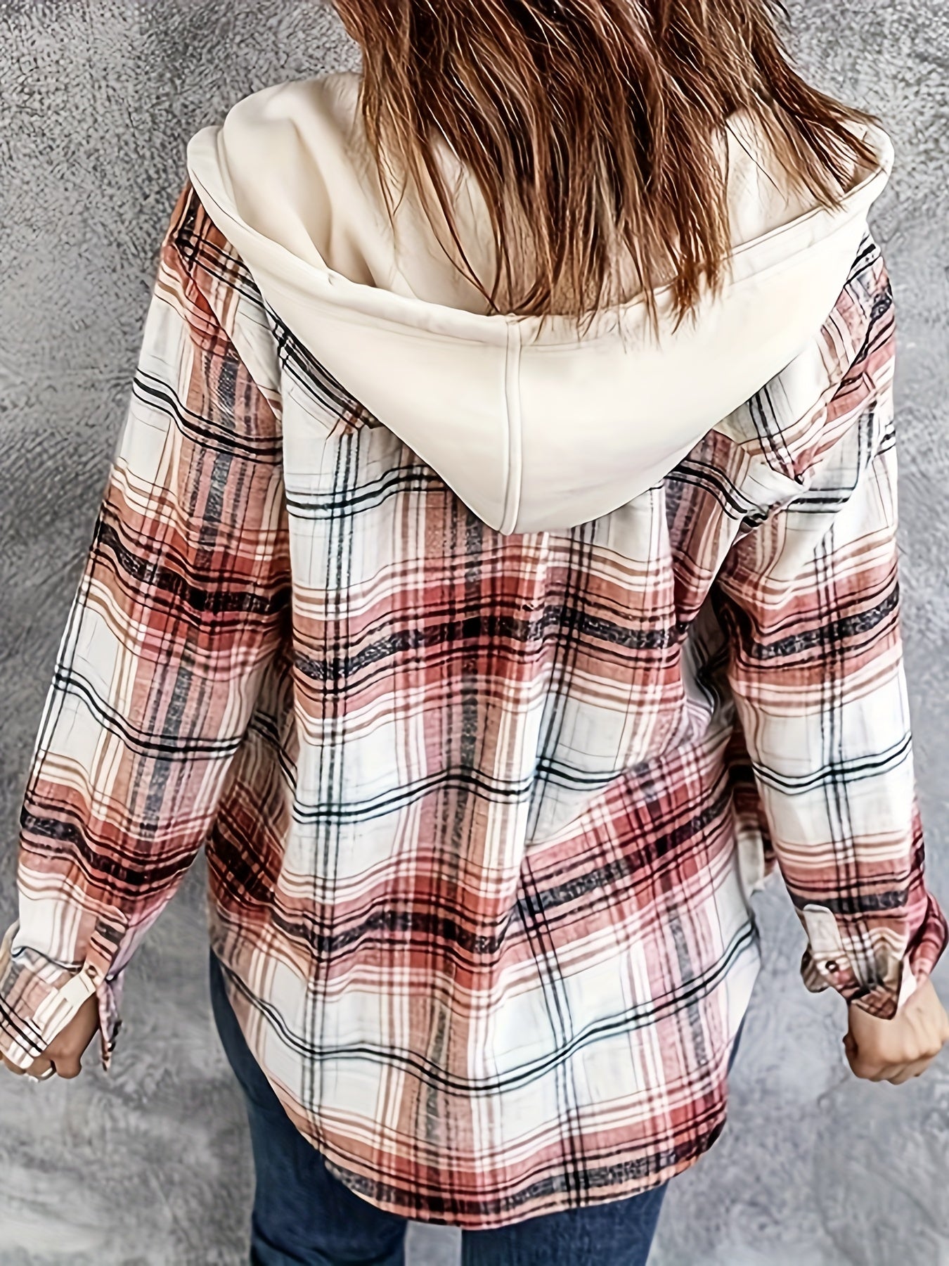  Plaid Print Button Up Long Sleeve Drawstring Hooded Shacket